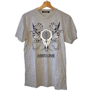 Roberto Cavalli Gray Longhorn Bull Snake Aztec Shirt Mens Medium